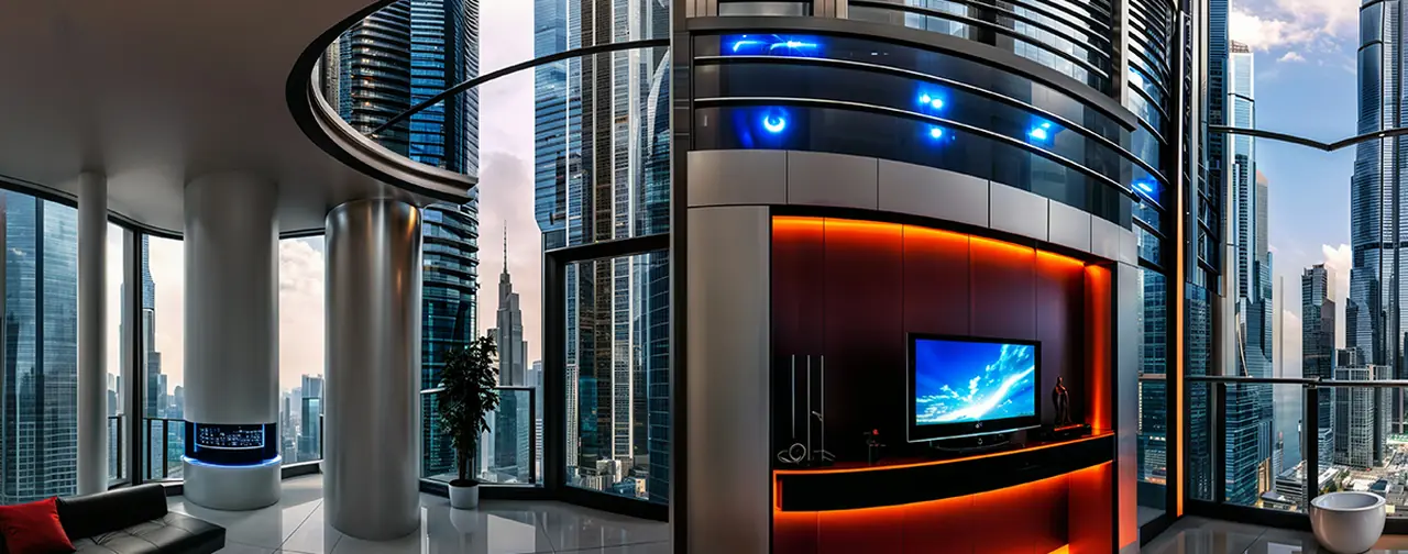 Living room with Futuristic Cityscape View: an 8192 × 4096 equirectangular 360° panorama