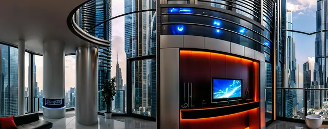 Living room with Futuristic Cityscape View: an 8192 × 4096 equirectangular 360° panorama from the interiors packs