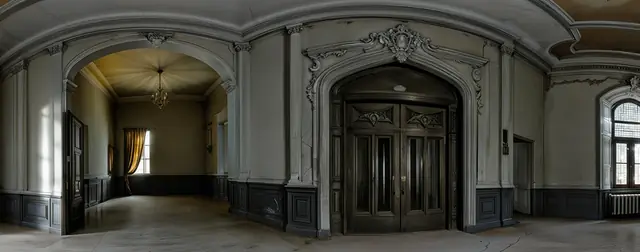 Decayed Ballroom: an 8192 × 4096 equirectangular 360° panorama from the haunted packs