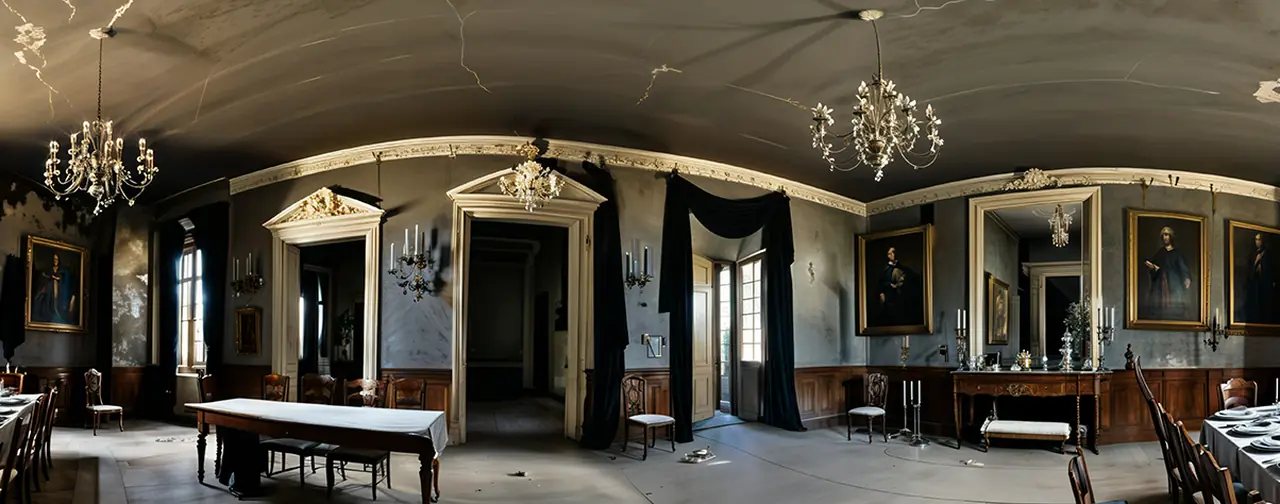 Ghostly Dining Room: an 8192 × 4096 equirectangular 360° panorama