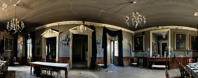 Ghostly Dining Room: an 8192 × 4096 equirectangular 360° panorama from the haunted packs