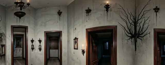 Haunted Hallways: an 8192 × 4096 equirectangular 360° panorama from the haunted packs