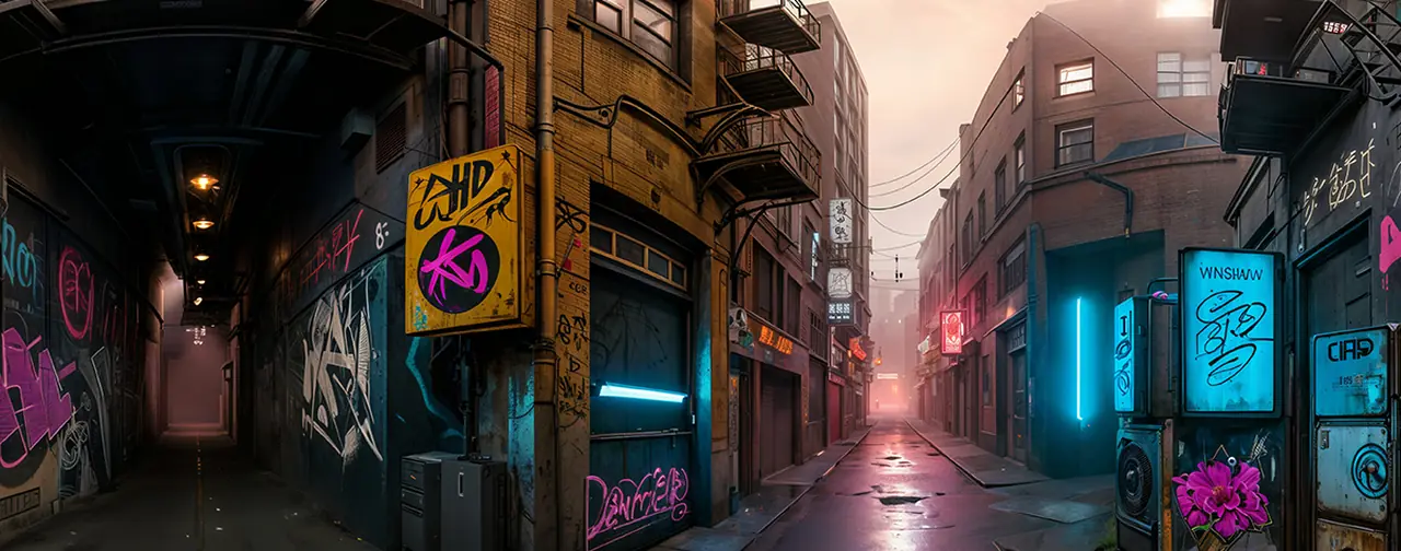 High-Tech Cyberpunk Alley: an 8192 × 4096 equirectangular 360° panorama