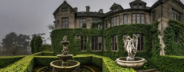 Overgrown Courtyard: an 8192 × 4096 equirectangular 360° panorama from the haunted packs