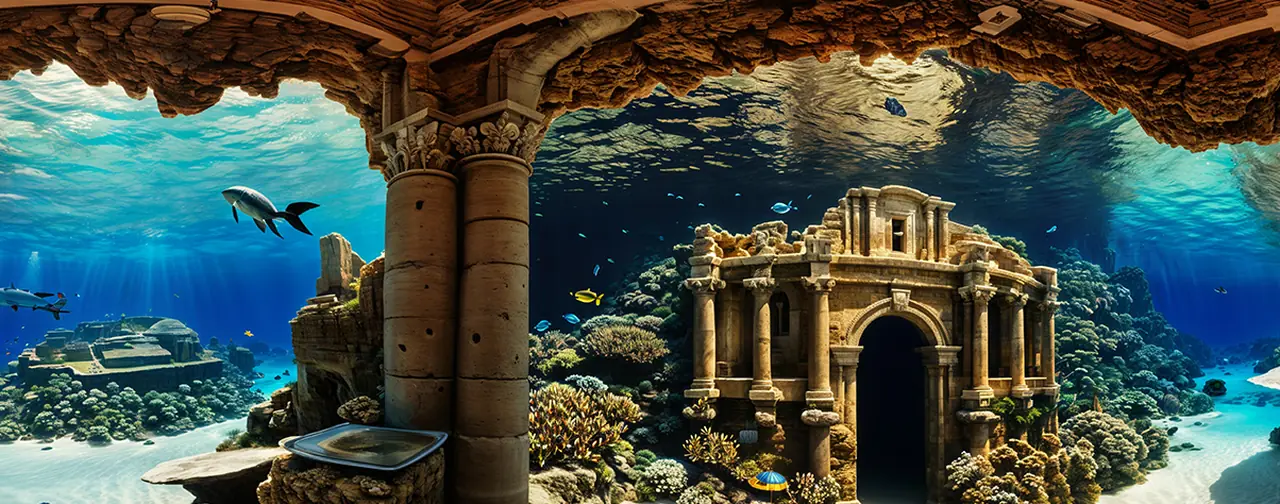 Underwater Atlantis: an 8192 × 4096 equirectangular 360° panorama