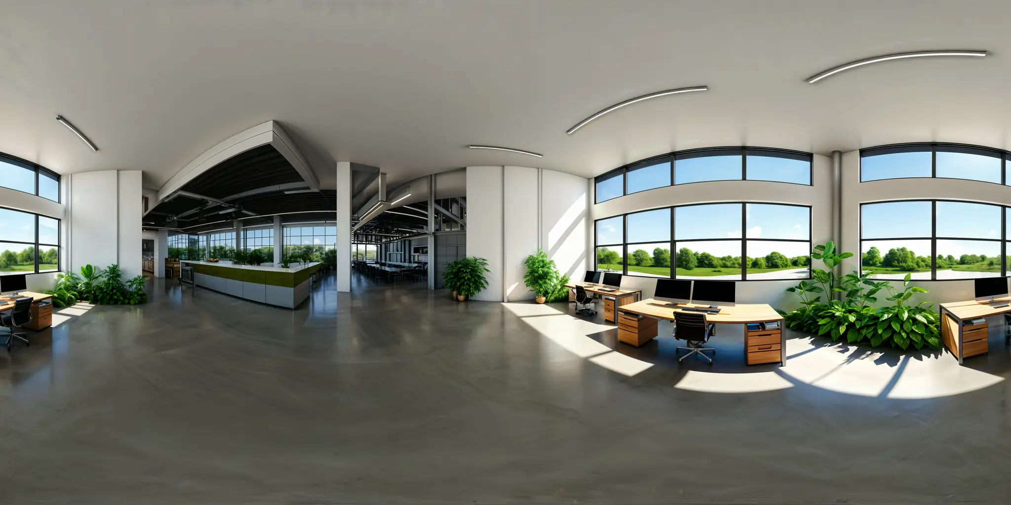 Equirectangular 360° panorama of a modern office with a lake view